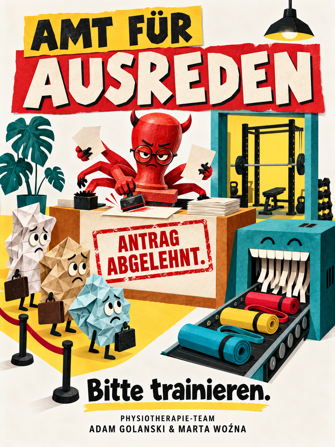Humorvolles Plakat des Physiotherapie-Teams Adam Golanski und Marta Woźna: Amt für Ausreden – Antrag abgelehnt. Bitte trainieren.