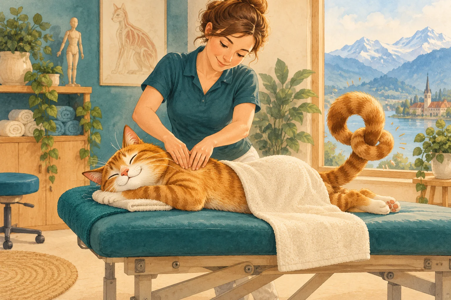 Humorvolle Illustration: Eine Katze entspannt bei einer manuellen Behandlung
