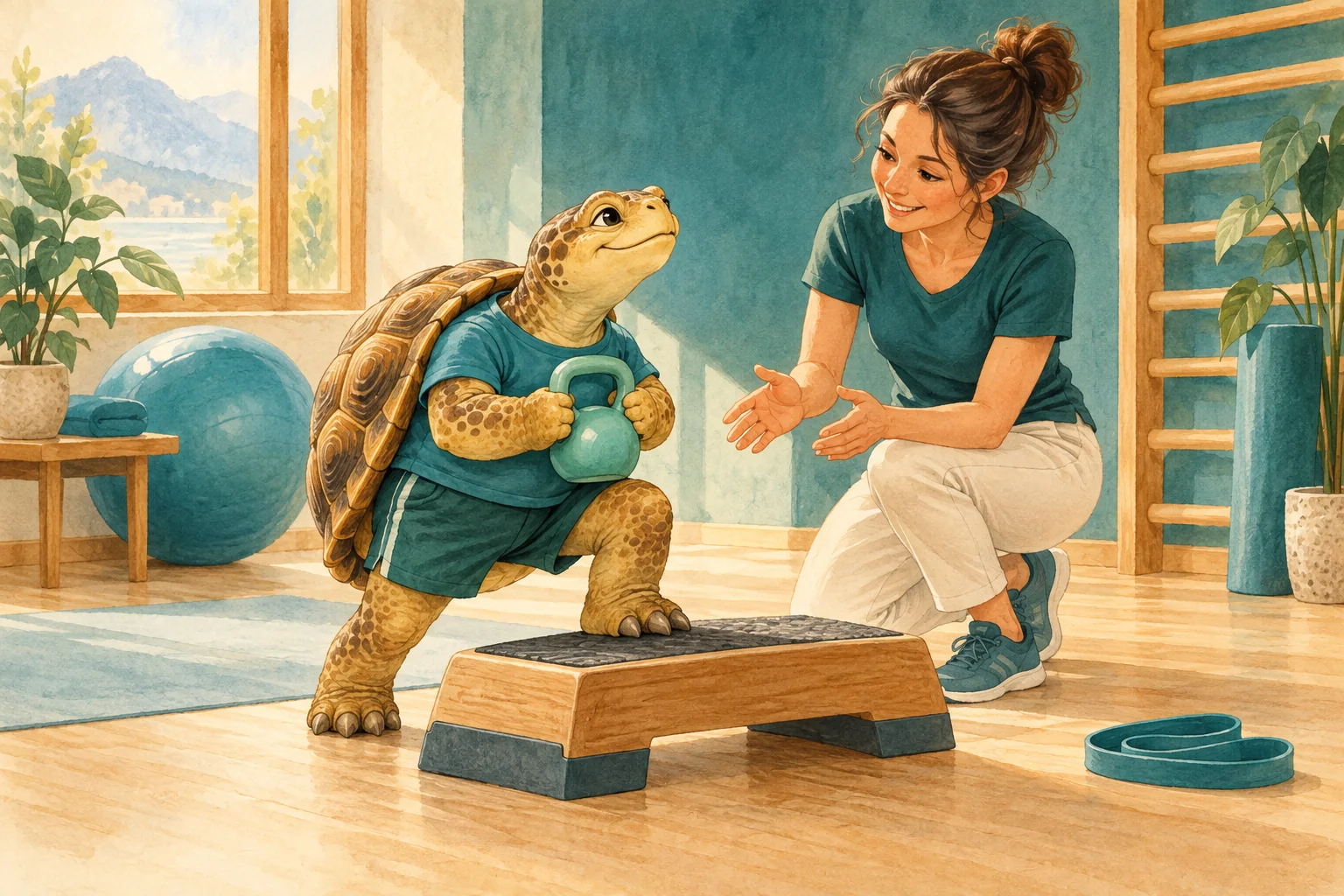 Humorvolle Illustration: Eine Schildkröte trainiert einen kontrollierten Schritt auf eine Stufe