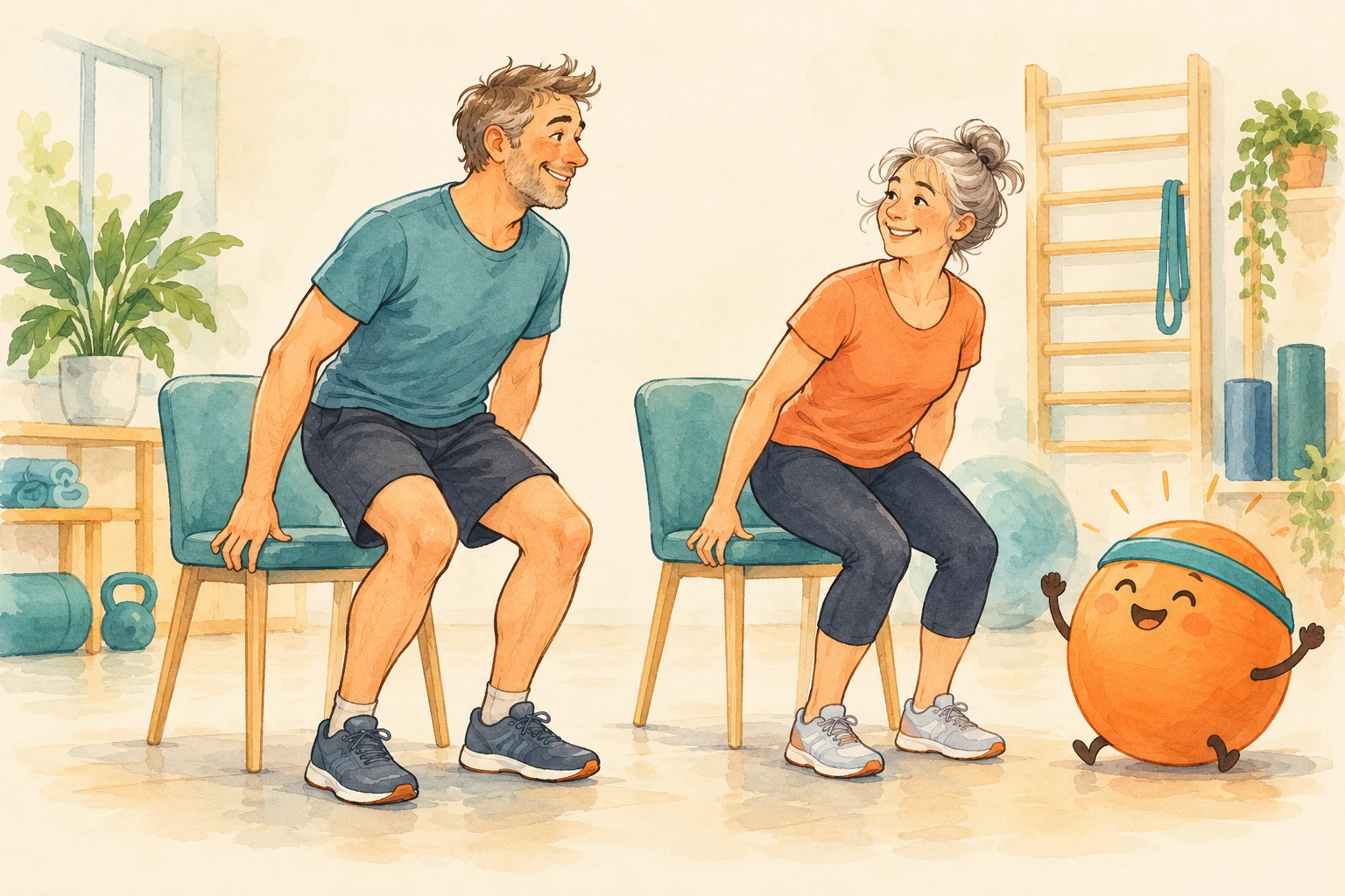 Humorvolle Illustration: Gemeinsam aktiv mit einem fröhlichen Gymnastikball