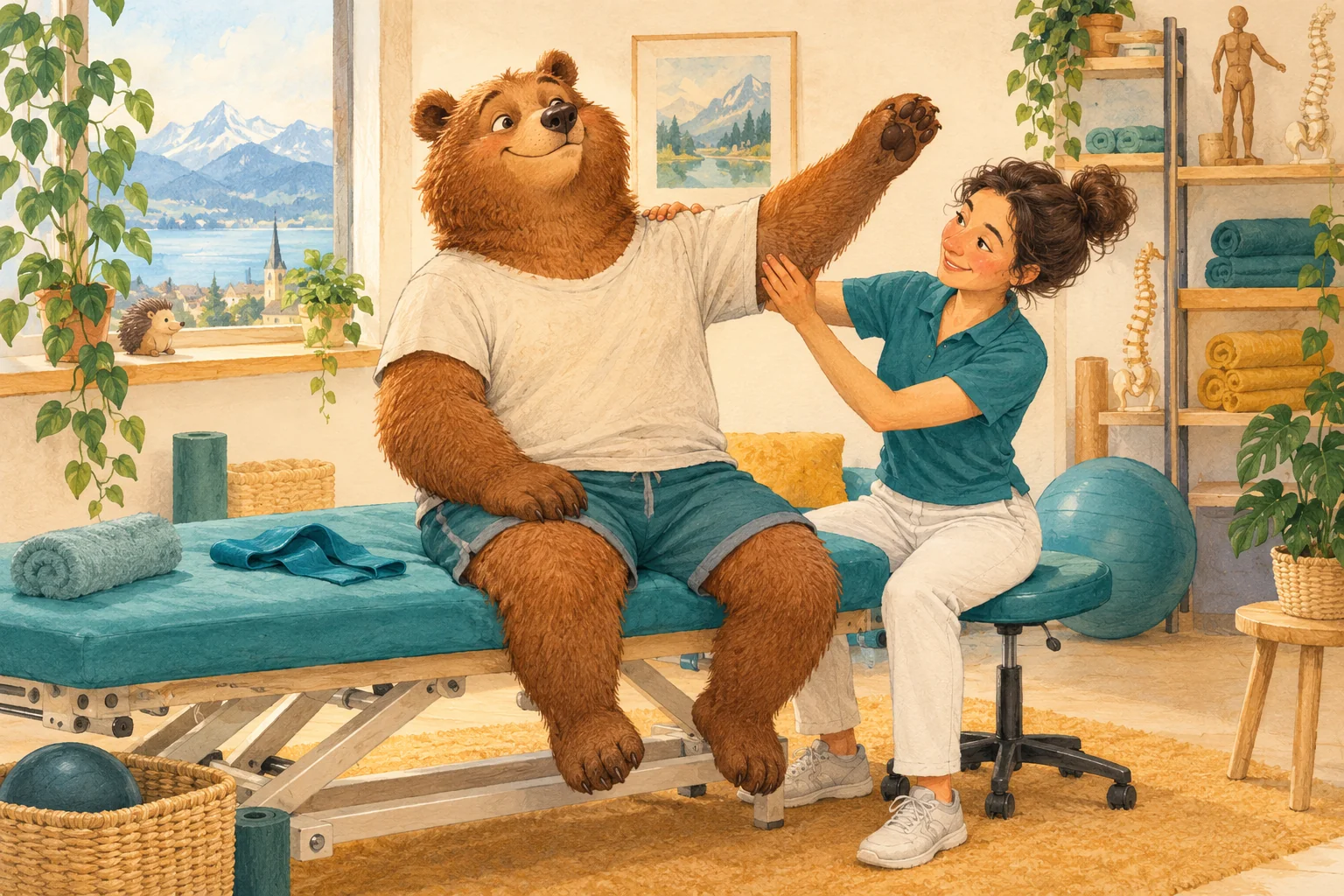 Humorvolle Illustration: Ein Bär übt mit Unterstützung eine Schulterbewegung