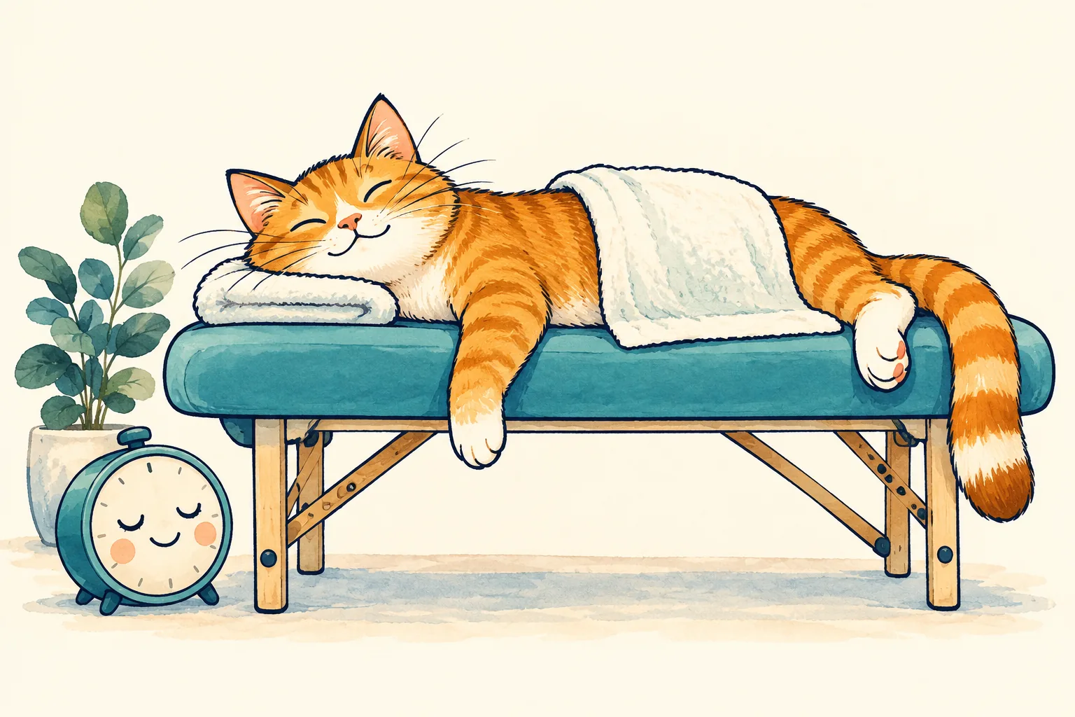 Humorvolle Illustration: Eine Katze entspannt auf der Massageliege