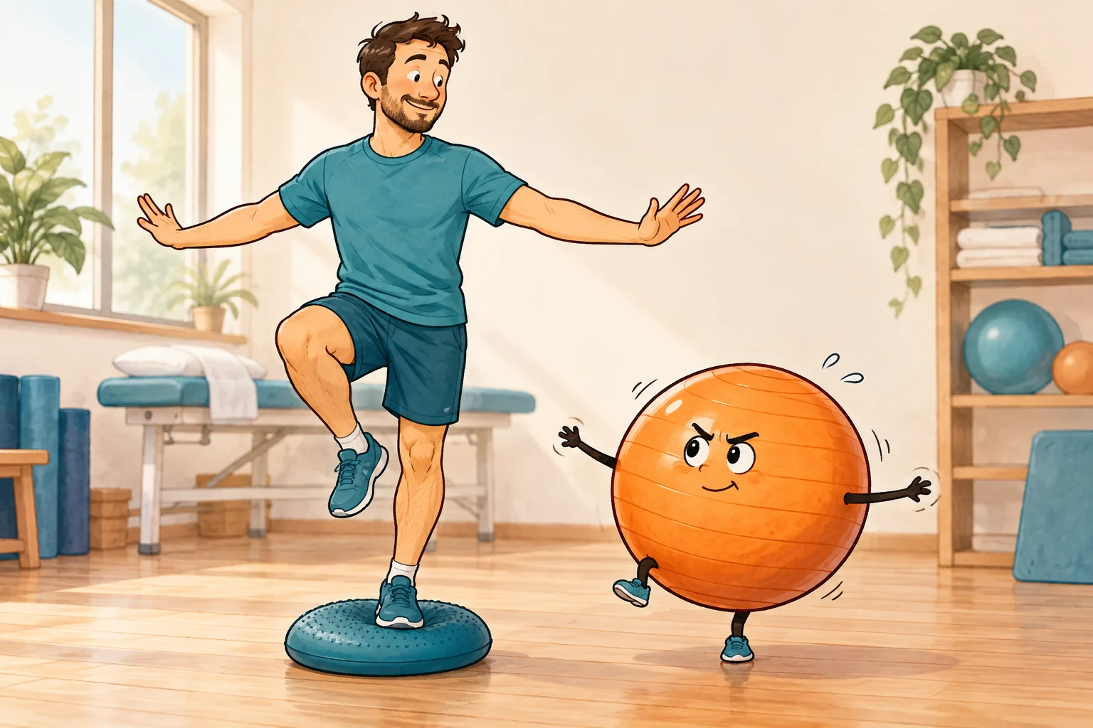 Humorvolle Illustration: Mensch und Gymnastikball üben Balance