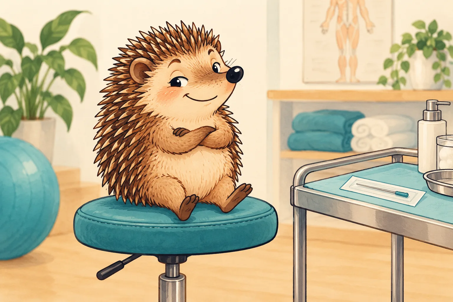 Humorvolle Illustration: Ein Igel bringt seine eigenen Stacheln mit