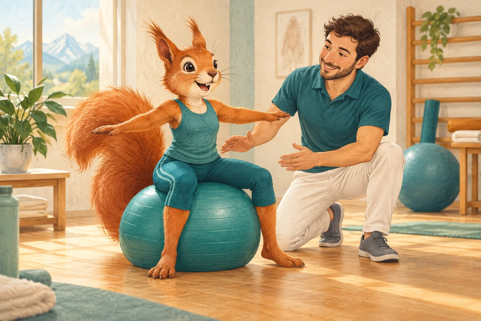 Humorvolle Illustration: Ein Eichhörnchen übt sicher auf einem grossen Gymnastikball