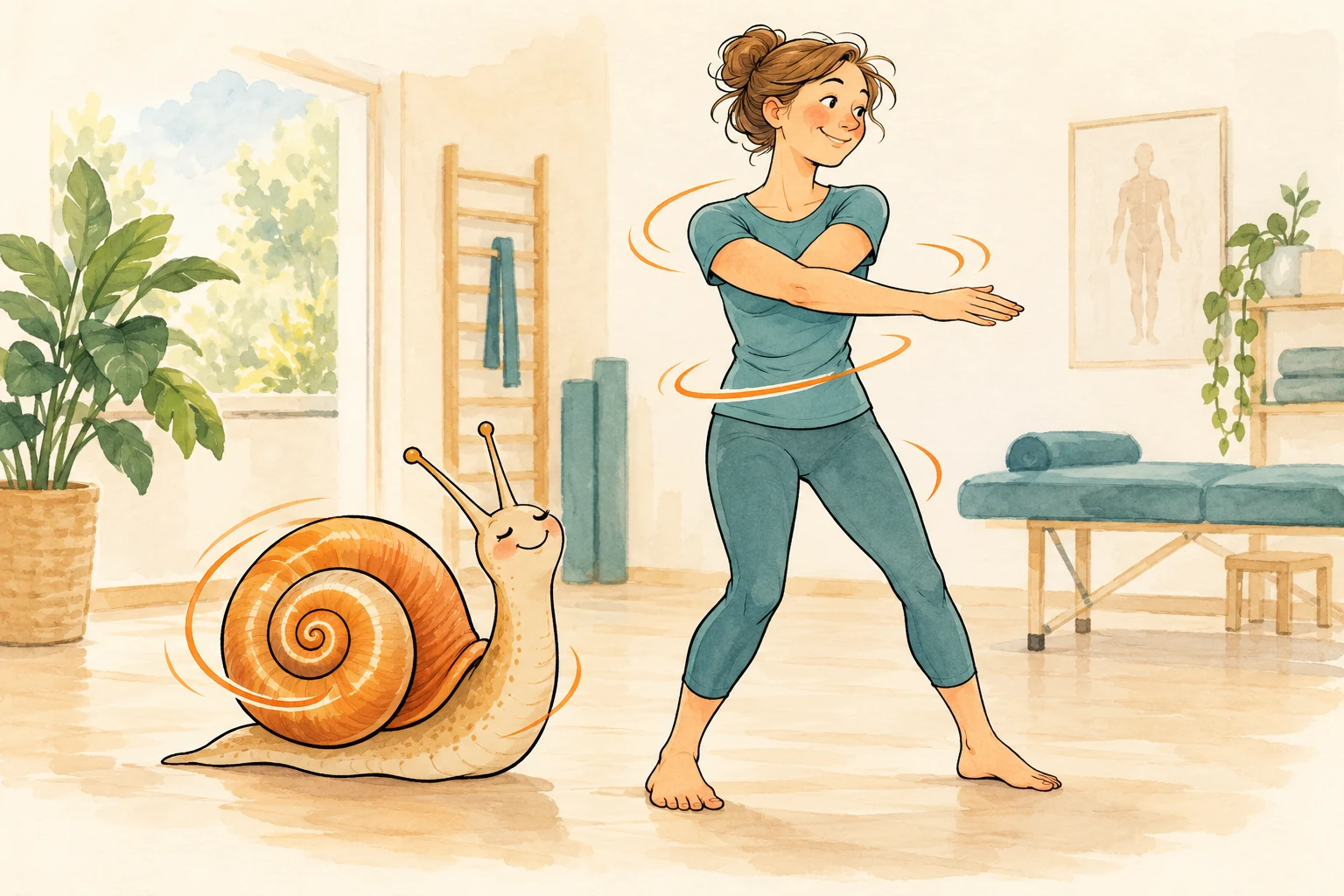 Humorvolle Illustration: Spiralbewegung mit einer freundlichen Schnecke