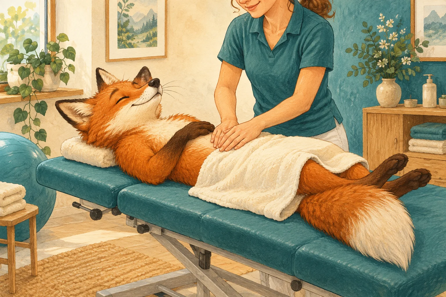 Humorvolle Illustration: Ein Fuchs entspannt bei sanftem Kontakt am Bauch